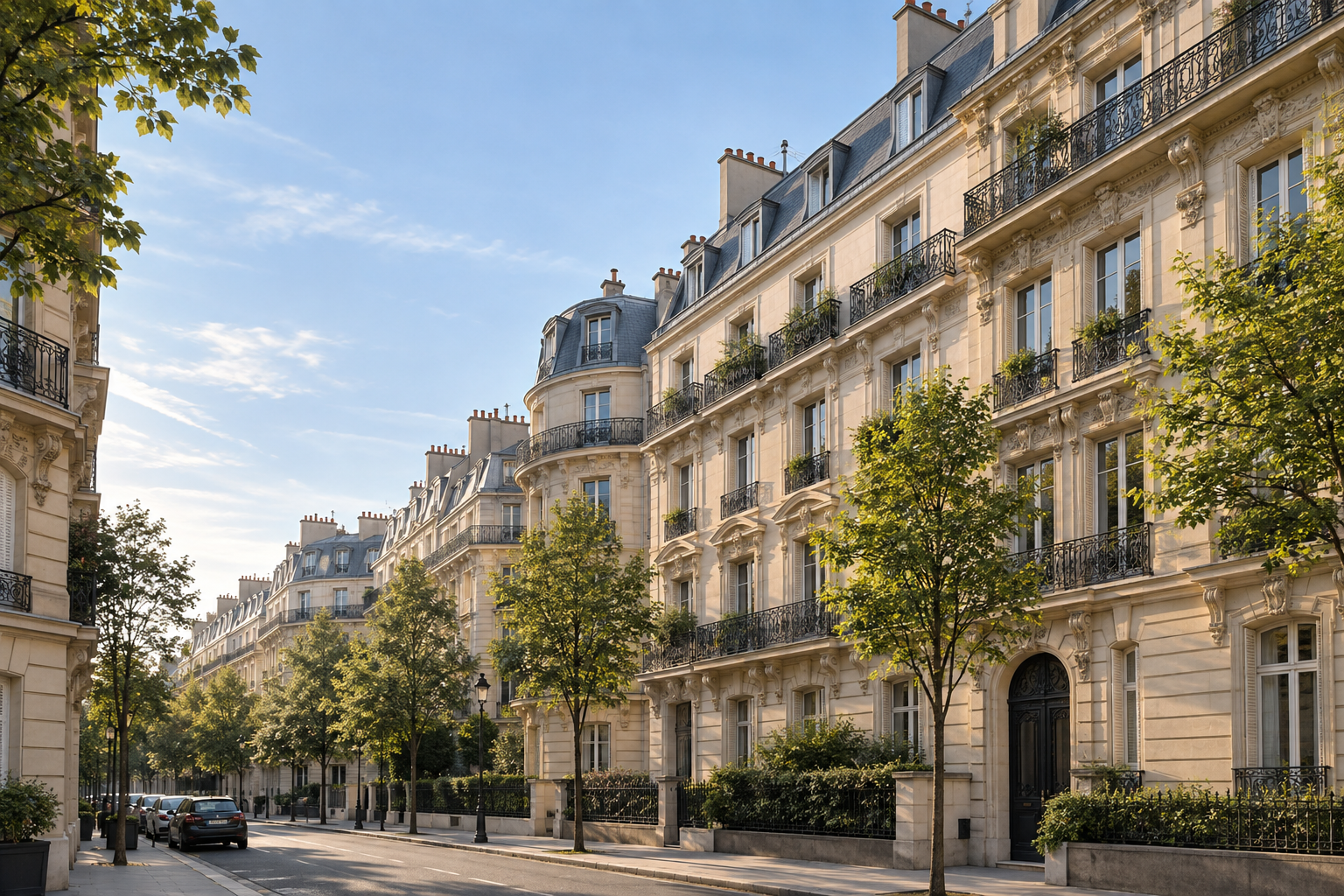 Illustration of Parisian limestone residences with wrought-iron balconies and zinc roofs.